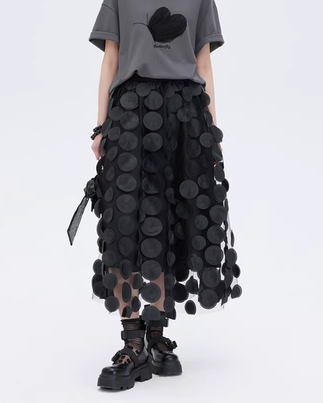 Patch Embroidered Flared Mesh Skirt Patch Embroidered Flared Mesh Skirt