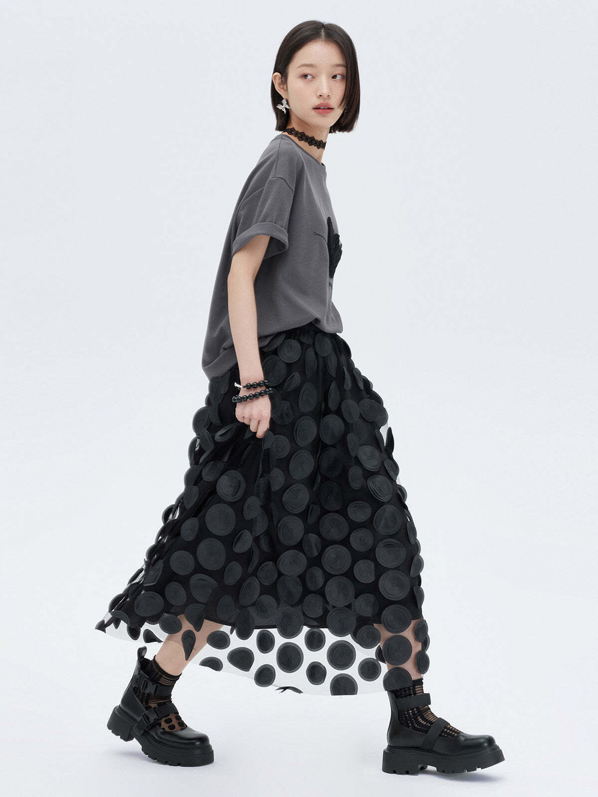 Patch Embroidered Flared Mesh Skirt Patch Embroidered Flared Mesh Skirt