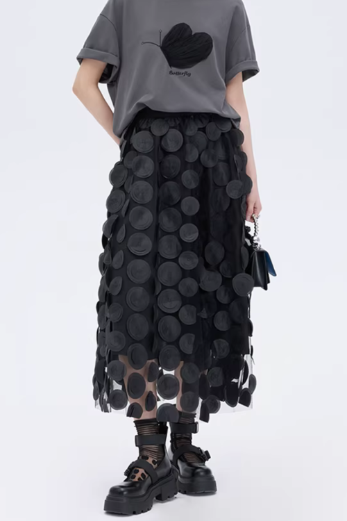 Patch Embroidered Flared Mesh Skirt