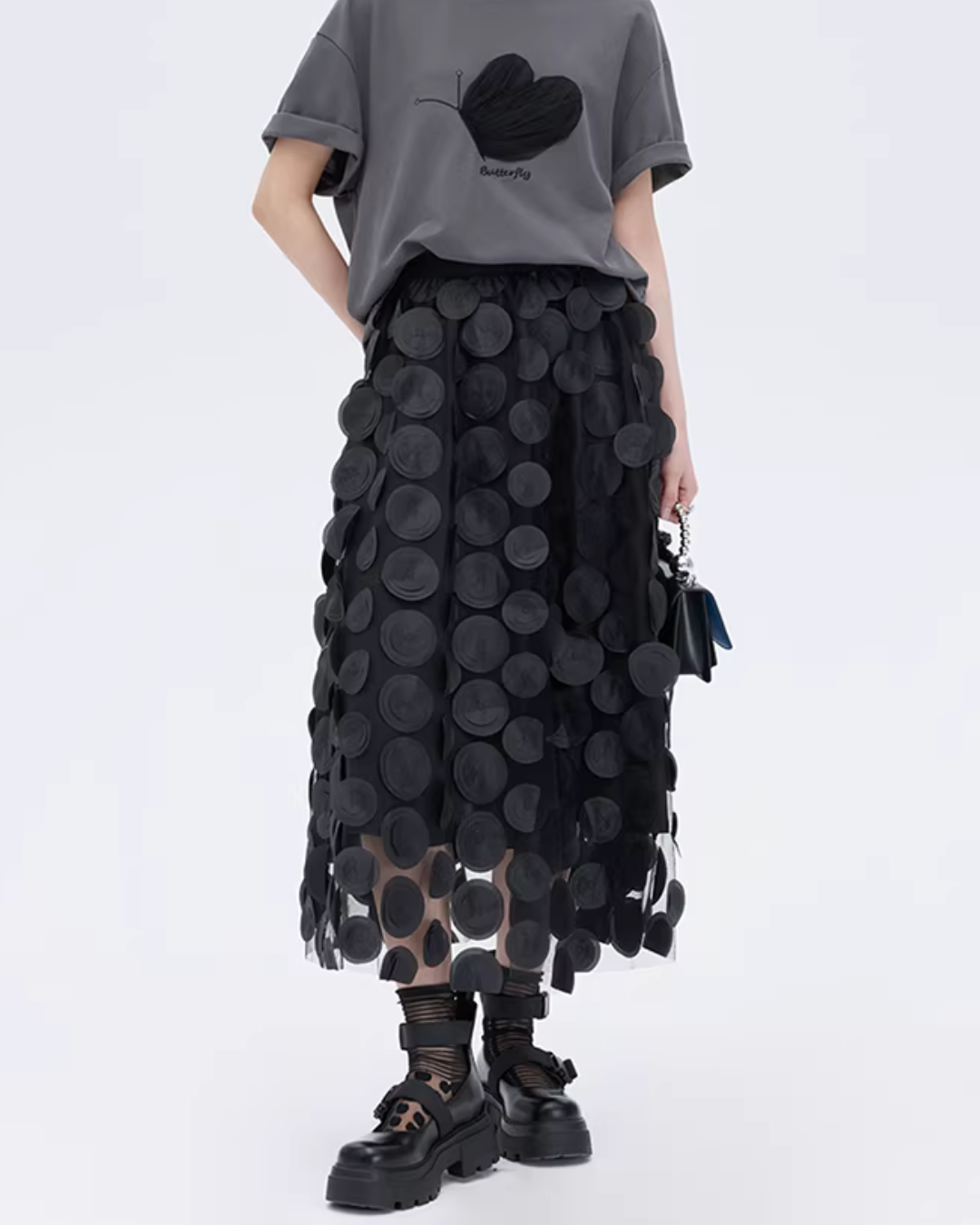 Patch Embroidered Flared Mesh Skirt Patch Embroidered Flared Mesh Skirt