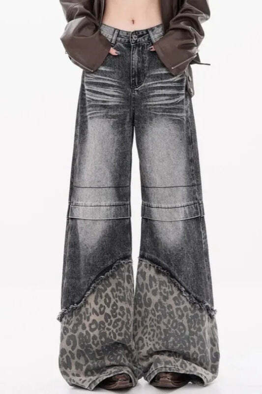 Patchwork Leopard Wide Leg Jeans