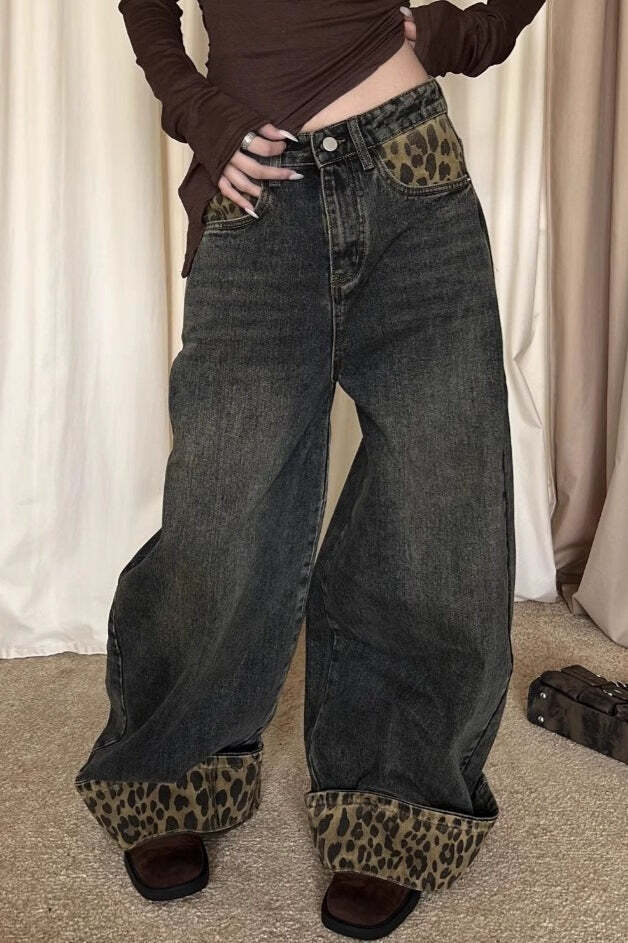 Patchwork Vintage Leopard Cuffed Wide Leg Jeans