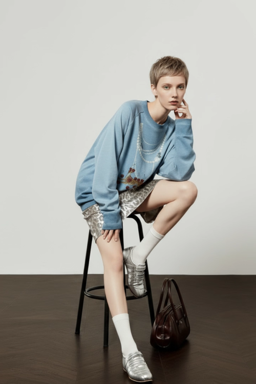 Pearl Light Leopard Long-Sleeve Top / Leopard Skirt