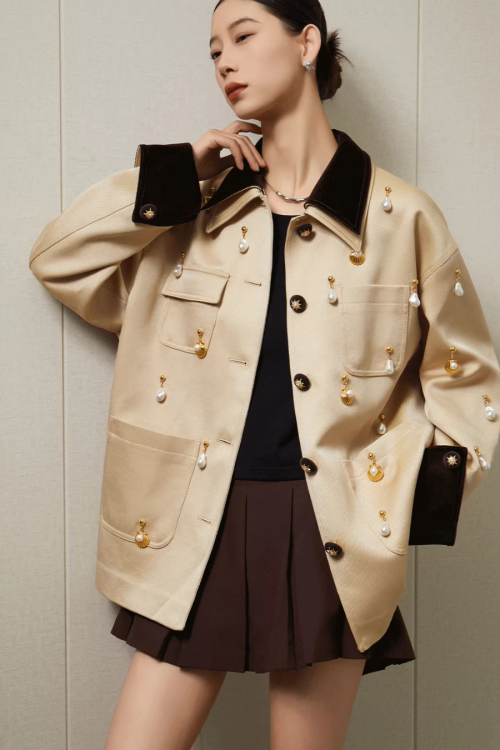 Pearl Satin Jacket / Brown Mini Skirt