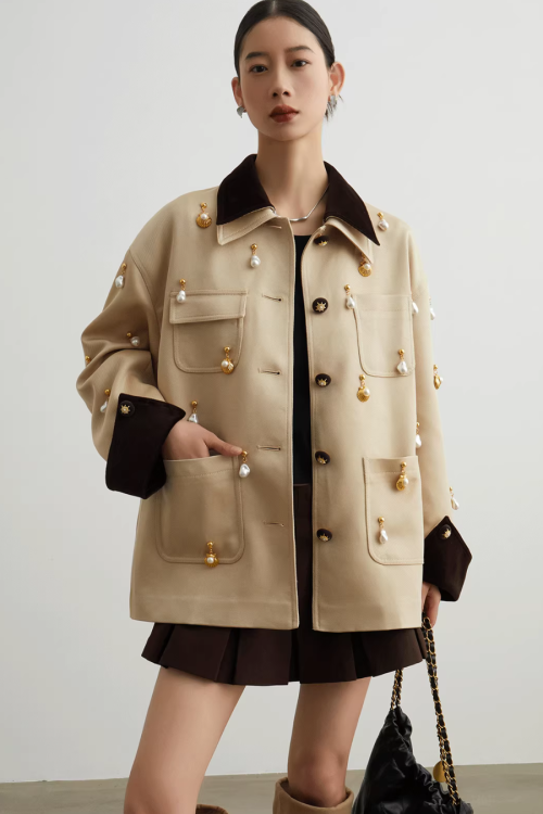 Pearl Satin Jacket / Brown Mini Skirt