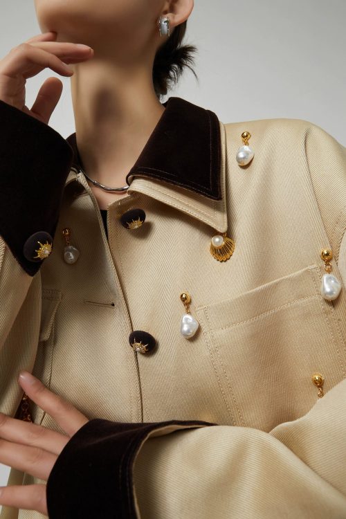 Pearl Satin Jacket / Brown Mini Skirt