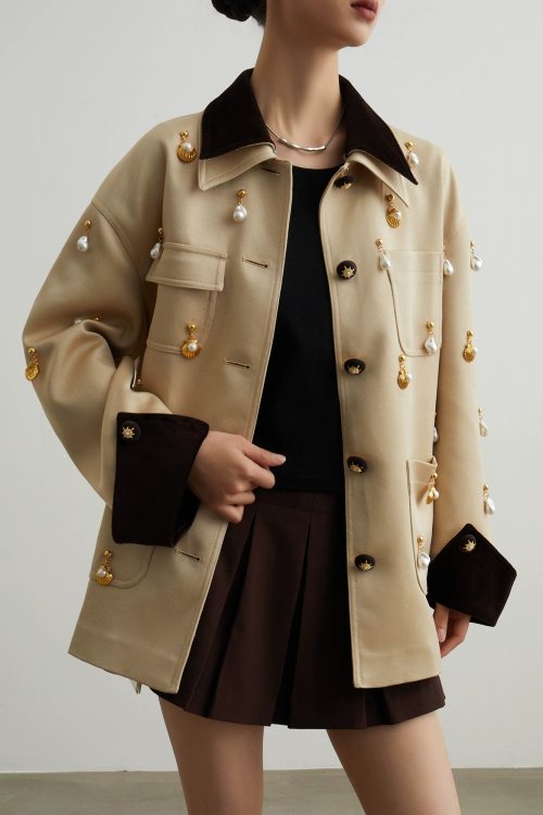 Pearl Satin Jacket / Brown Mini Skirt