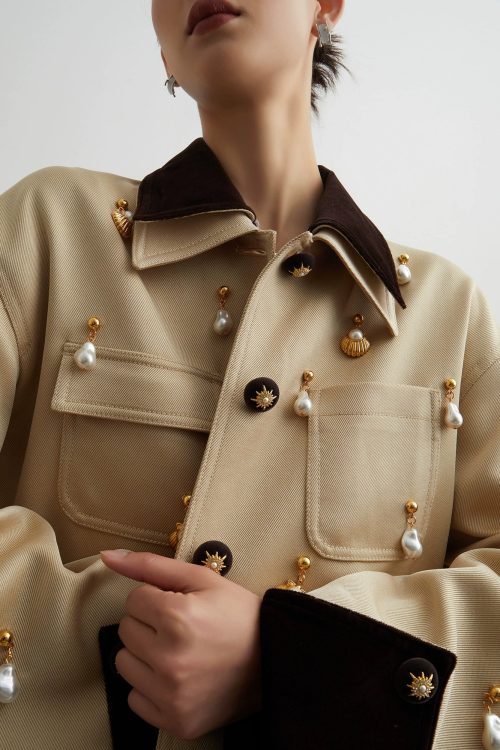 Pearl Satin Jacket / Brown Mini Skirt