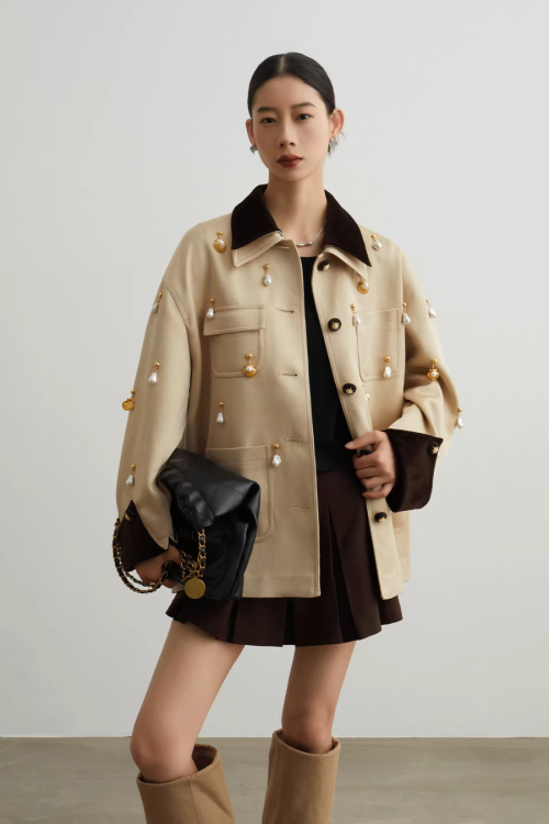 Pearl Satin Jacket / Brown Mini Skirt