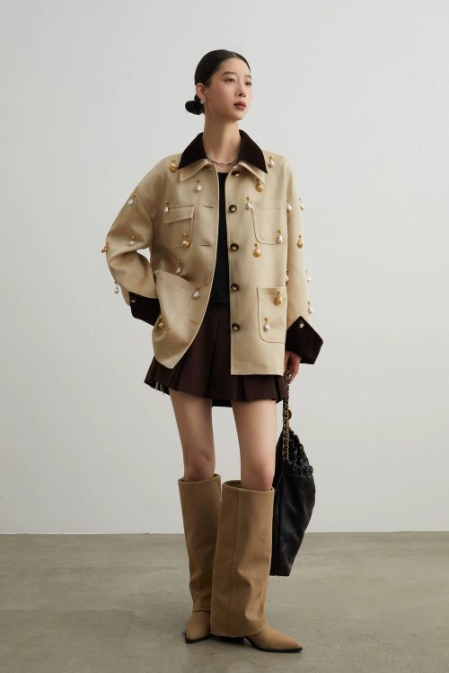 Pearl Satin Jacket / Brown Mini Skirt