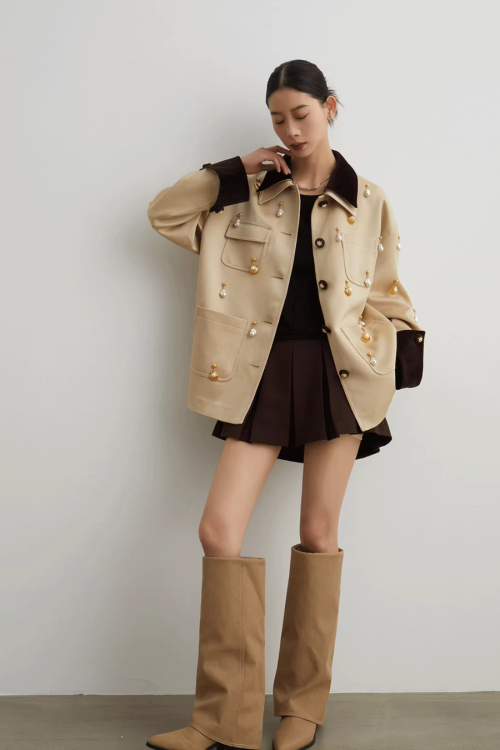 Pearl Satin Jacket / Brown Mini Skirt