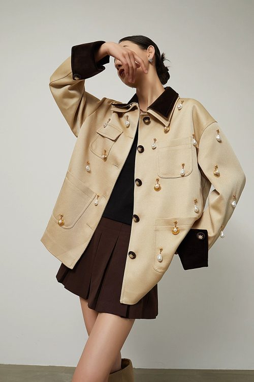 Pearl Satin Jacket / Brown Mini Skirt