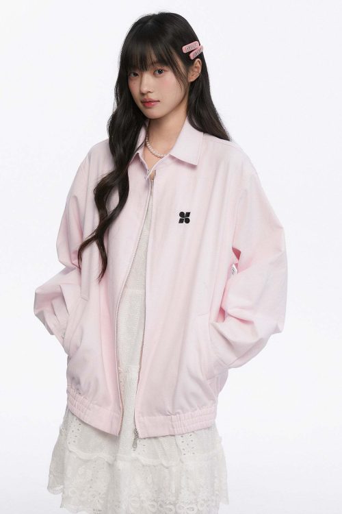 Pink Casual Polo Collar Jacket