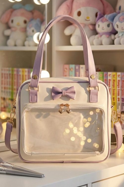 Pink Kawaii Convertible Ita Bag with Clear Window for Pin Display
