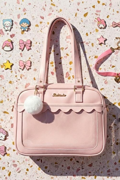 Pink Kawaii Convertible Ita Bag with Clear Window for Pin Display