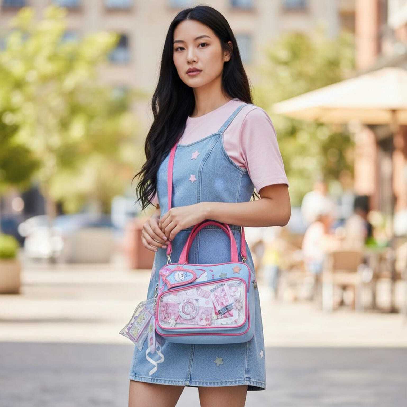 Pink Kawaii Convertible Ita Bag with Clear Window for Pin Display Pink Kawaii Convertible Ita Bag with Clear Window for Pin Display