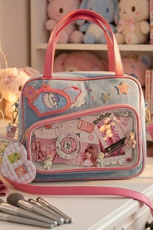 Pink Kawaii Convertible Ita Bag with Clear Window for Pin Display