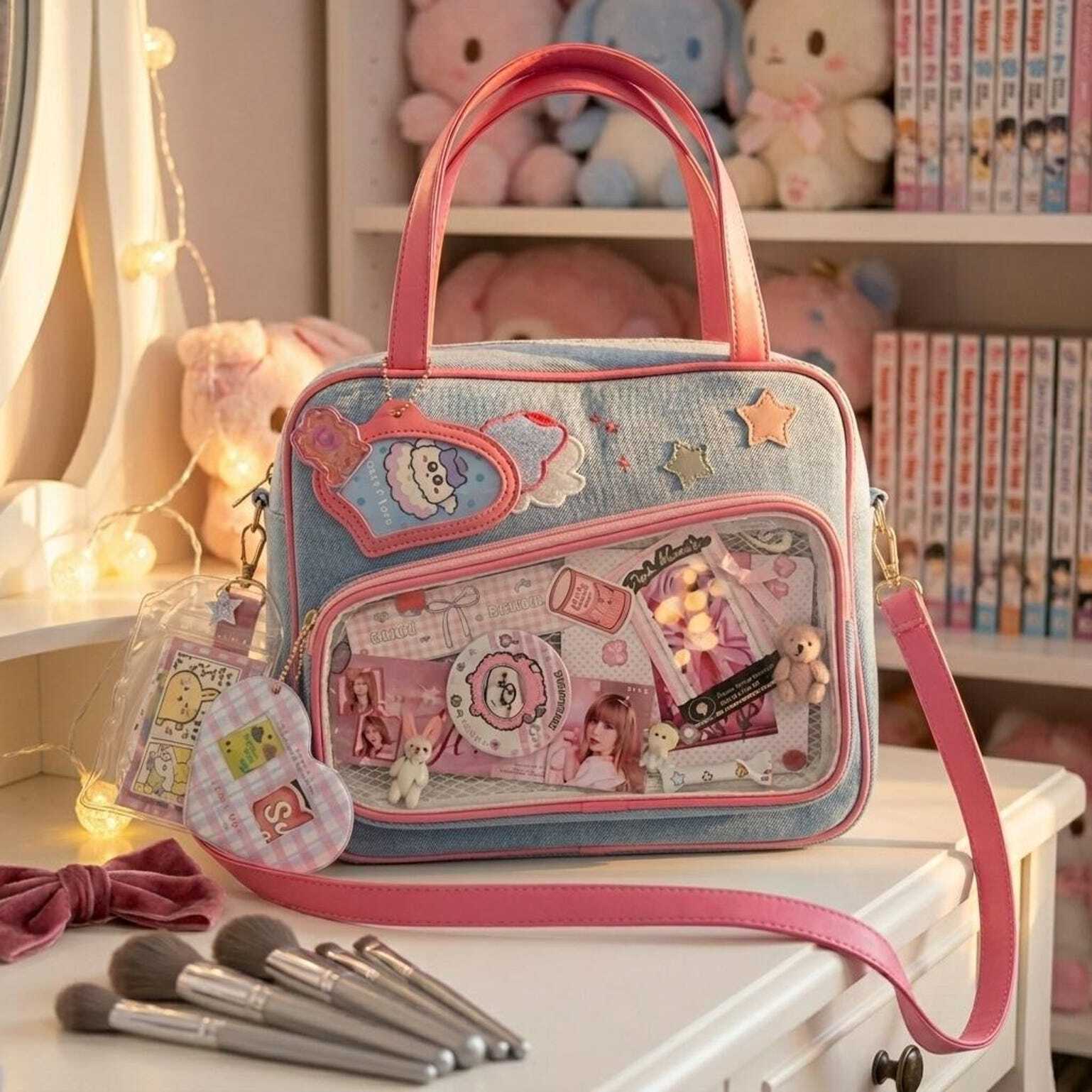 Pink Kawaii Convertible Ita Bag with Clear Window for Pin Display Pink Kawaii Convertible Ita Bag with Clear Window for Pin Display
