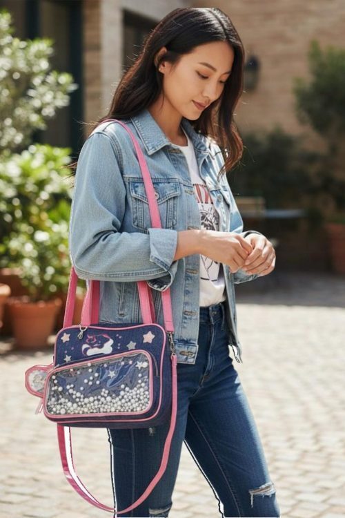 Pink Kawaii Convertible Ita Bag with Clear Window for Pin Display