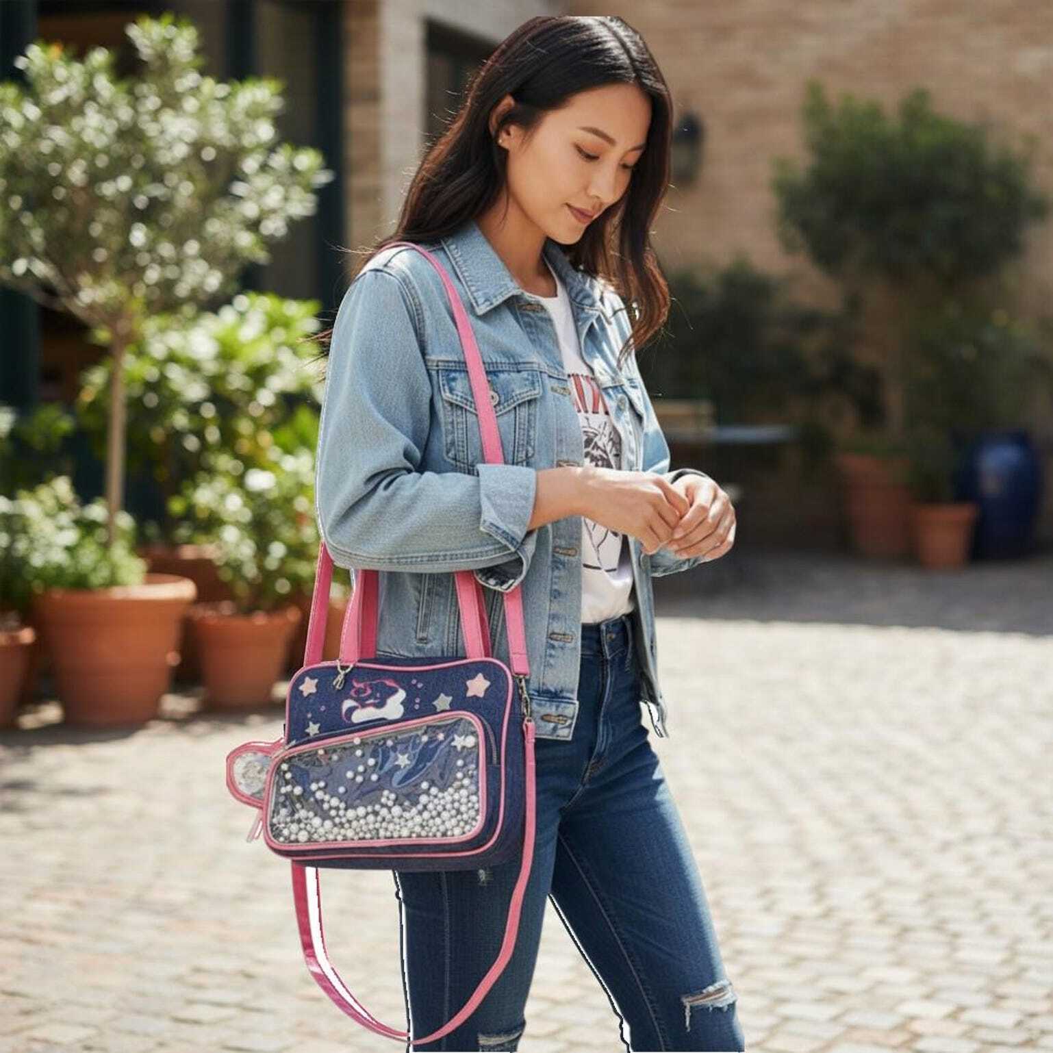 Pink Kawaii Convertible Ita Bag with Clear Window for Pin Display Pink Kawaii Convertible Ita Bag with Clear Window for Pin Display