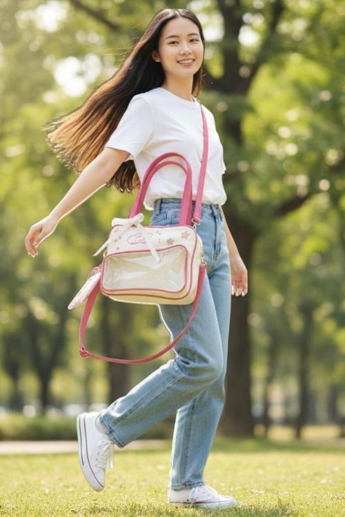 Pink Kawaii Convertible Ita Bag with Clear Window for Pin Display