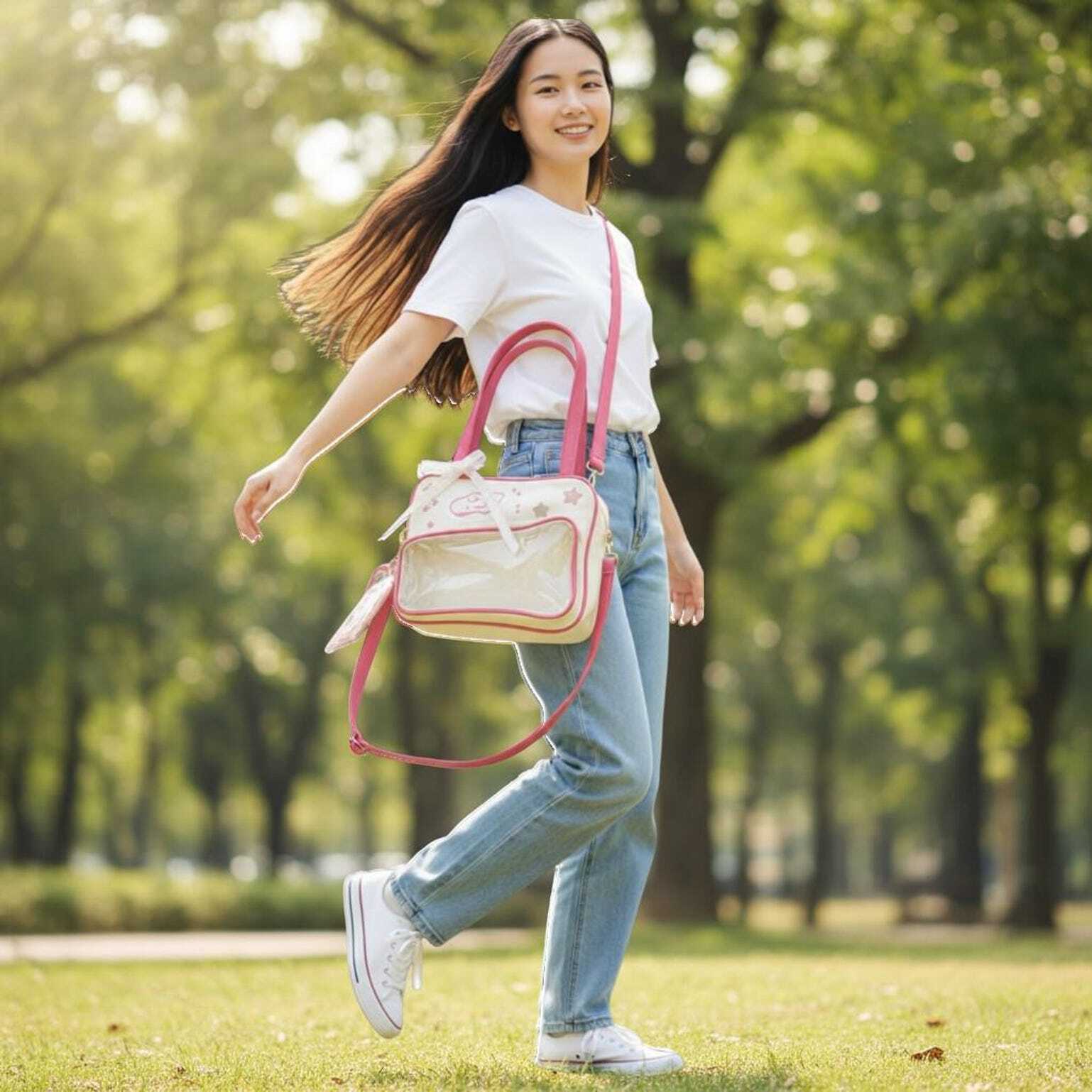 Pink Kawaii Convertible Ita Bag with Clear Window for Pin Display Pink Kawaii Convertible Ita Bag with Clear Window for Pin Display