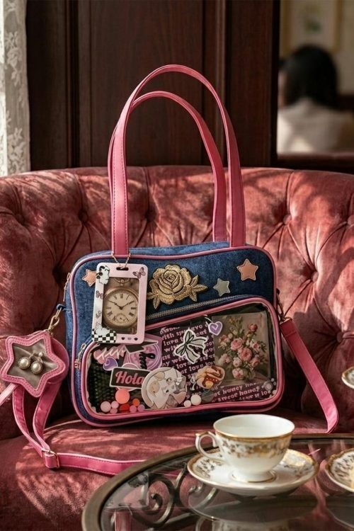 Pink Kawaii Convertible Ita Bag with Clear Window for Pin Display
