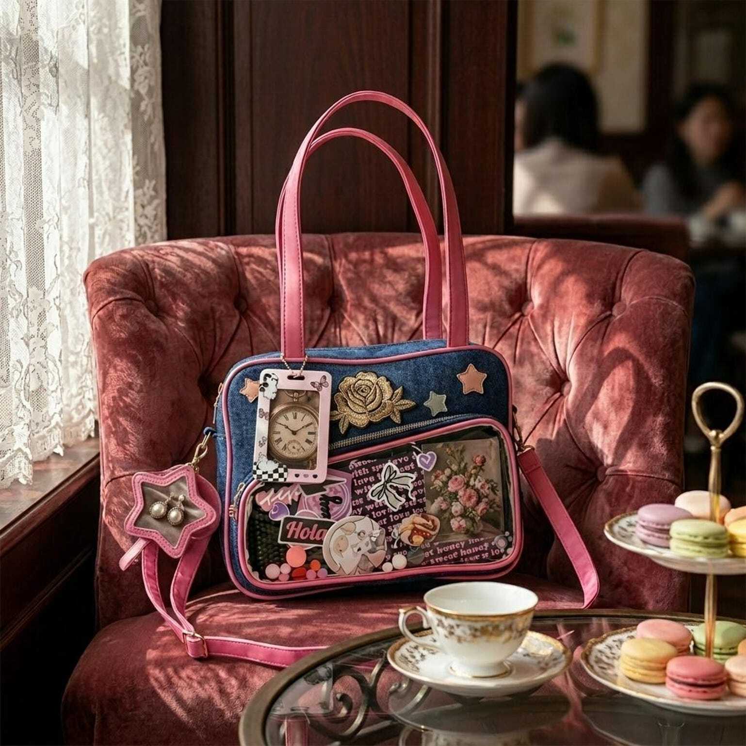 Pink Kawaii Convertible Ita Bag with Clear Window for Pin Display Pink Kawaii Convertible Ita Bag with Clear Window for Pin Display