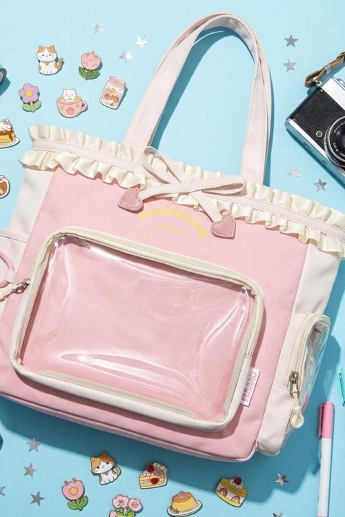 Pink Kawaii Convertible Ita Bag with Clear Window for Pin Display