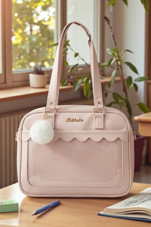 Pink Kawaii Convertible Ita Bag with Clear Window for Pin Display