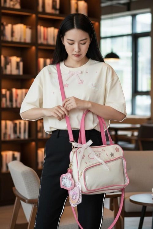 Pink Kawaii Convertible Ita Bag with Clear Window for Pin Display