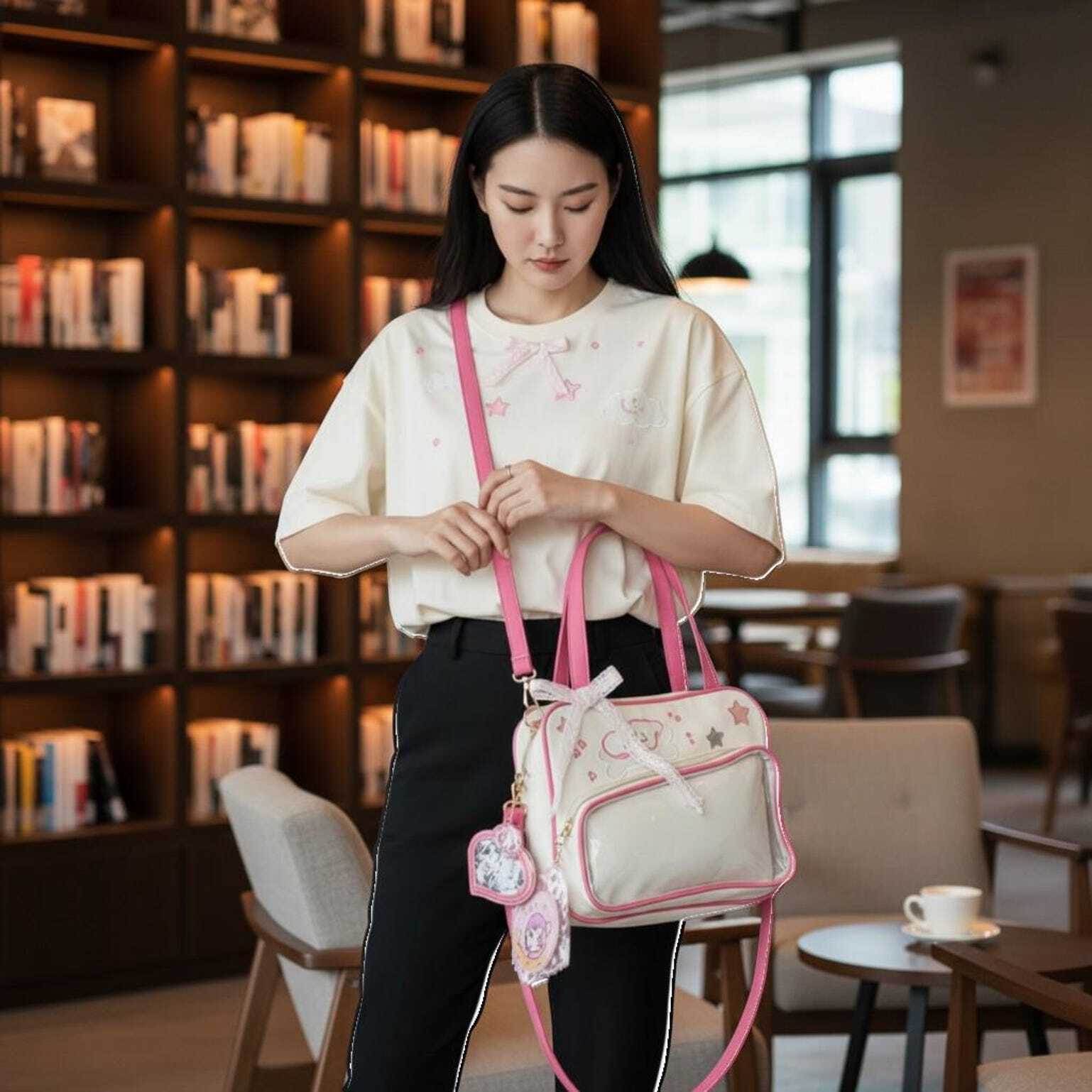 Pink Kawaii Convertible Ita Bag with Clear Window for Pin Display Pink Kawaii Convertible Ita Bag with Clear Window for Pin Display