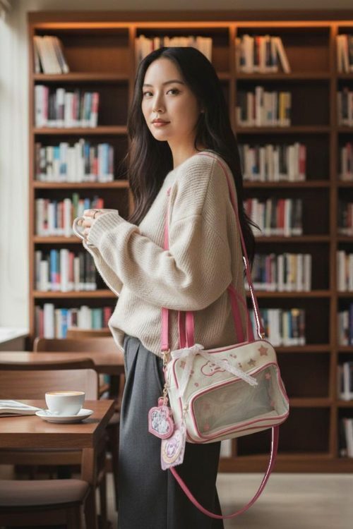 Pink Kawaii Convertible Ita Bag with Clear Window for Pin Display