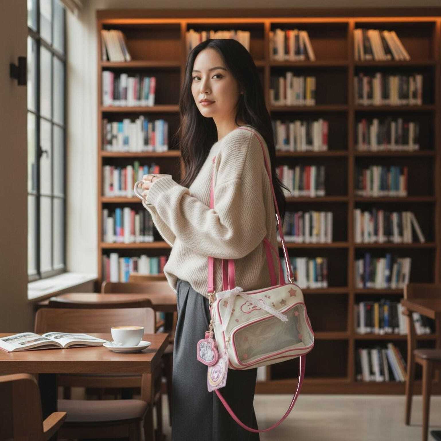 Pink Kawaii Convertible Ita Bag with Clear Window for Pin Display Pink Kawaii Convertible Ita Bag with Clear Window for Pin Display