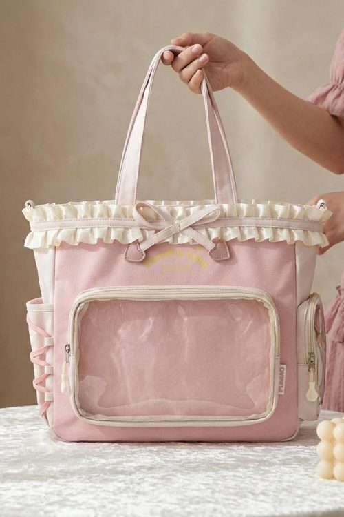 Pink Kawaii Convertible Ita Bag with Clear Window for Pin Display