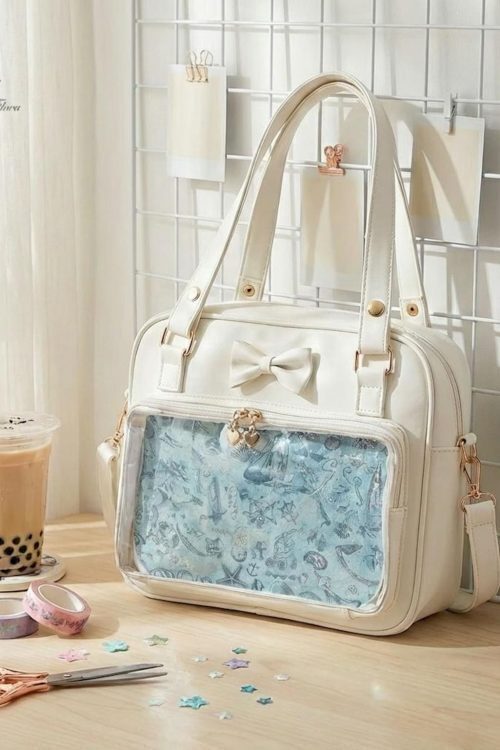 Pink Kawaii Convertible Ita Bag with Clear Window for Pin Display
