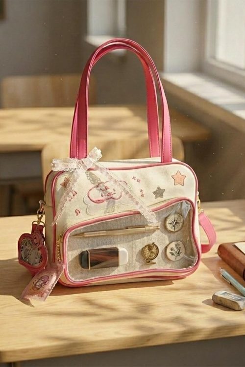 Pink Kawaii Convertible Ita Bag with Clear Window for Pin Display