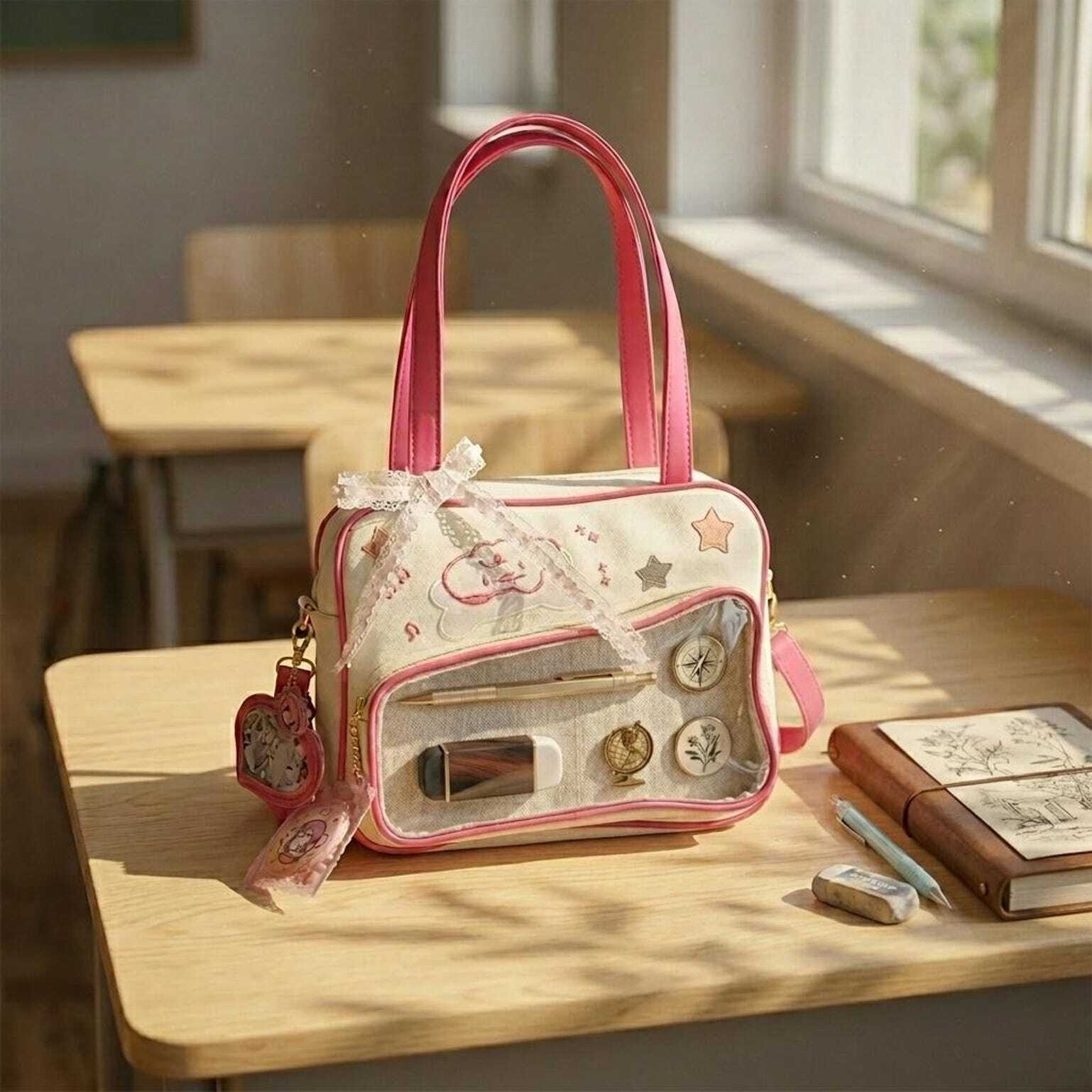 Pink Kawaii Convertible Ita Bag with Clear Window for Pin Display Pink Kawaii Convertible Ita Bag with Clear Window for Pin Display