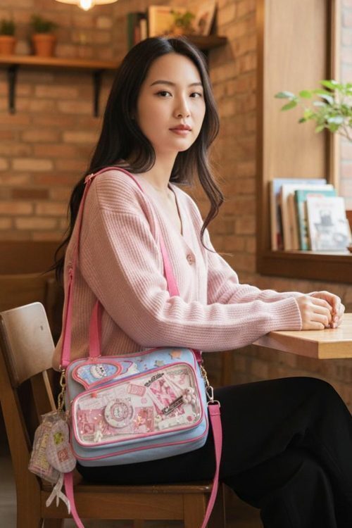 Pink Kawaii Convertible Ita Bag with Clear Window for Pin Display