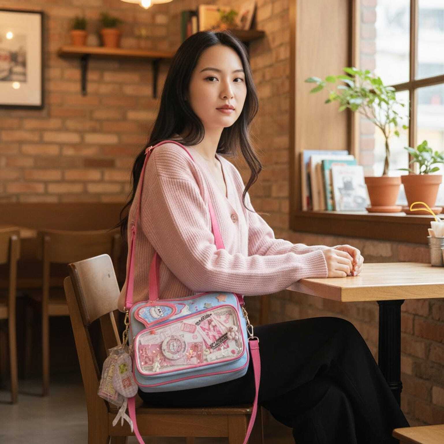 Pink Kawaii Convertible Ita Bag with Clear Window for Pin Display Pink Kawaii Convertible Ita Bag with Clear Window for Pin Display