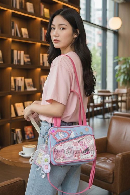 Pink Kawaii Convertible Ita Bag with Clear Window for Pin Display