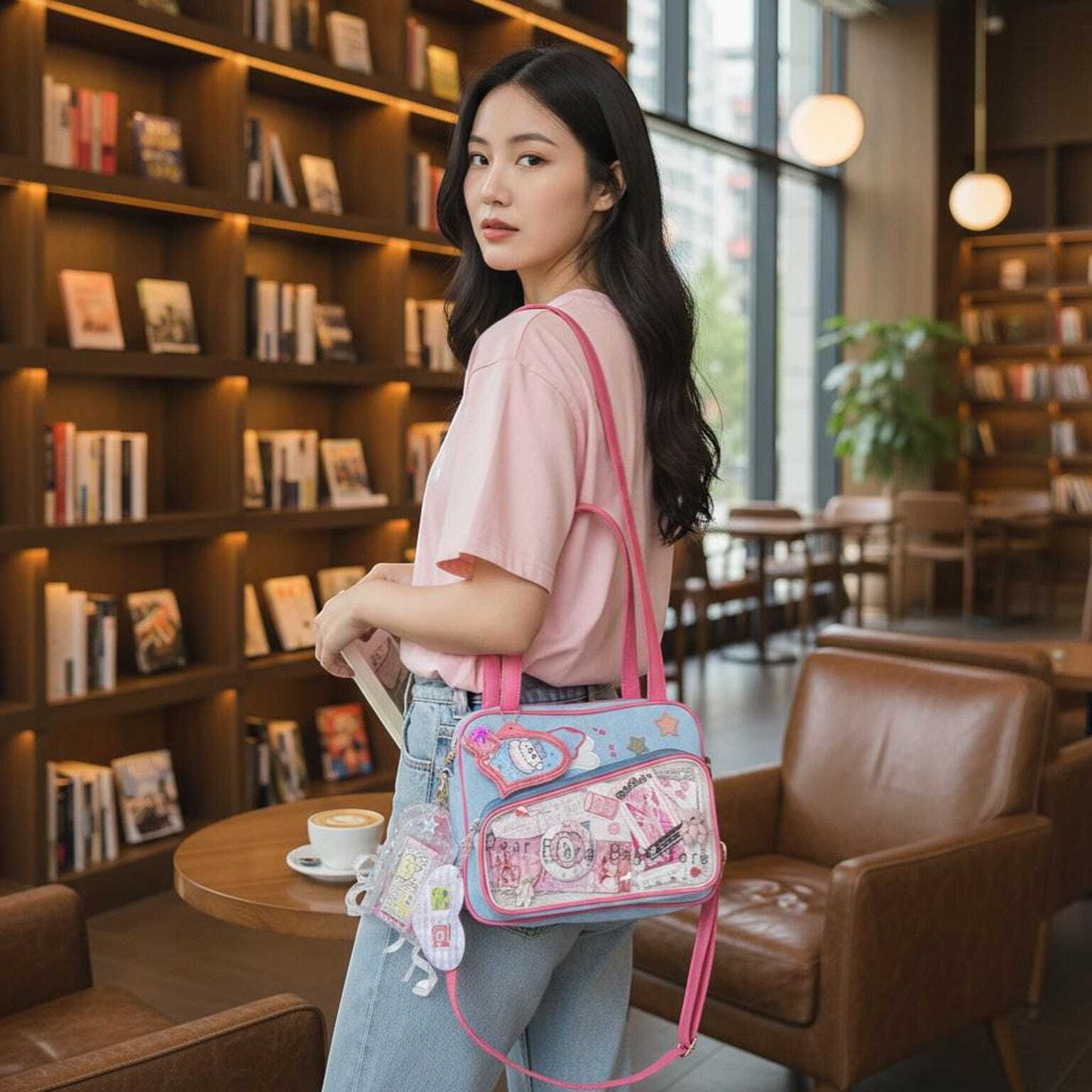 Pink Kawaii Convertible Ita Bag with Clear Window for Pin Display Pink Kawaii Convertible Ita Bag with Clear Window for Pin Display