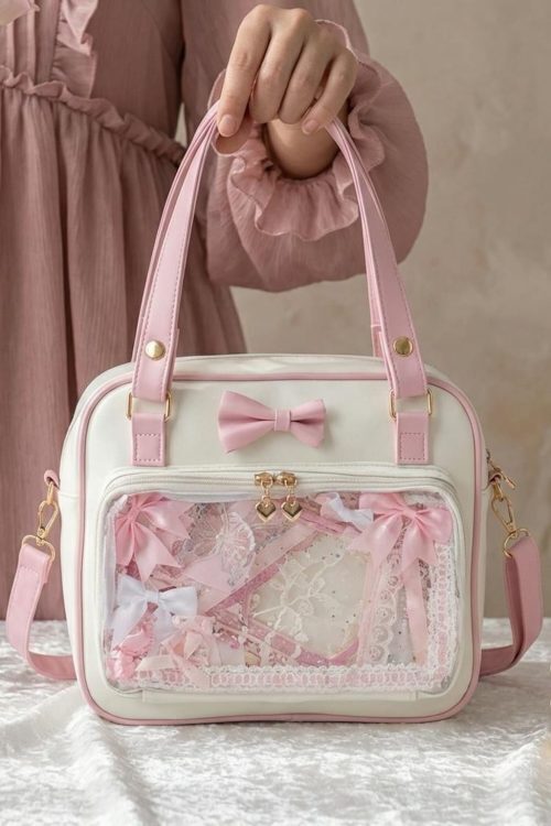 Pink Kawaii Convertible Ita Bag with Clear Window for Pin Display