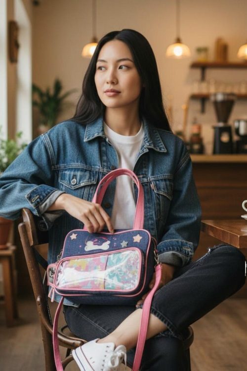 Pink Kawaii Convertible Ita Bag with Clear Window for Pin Display