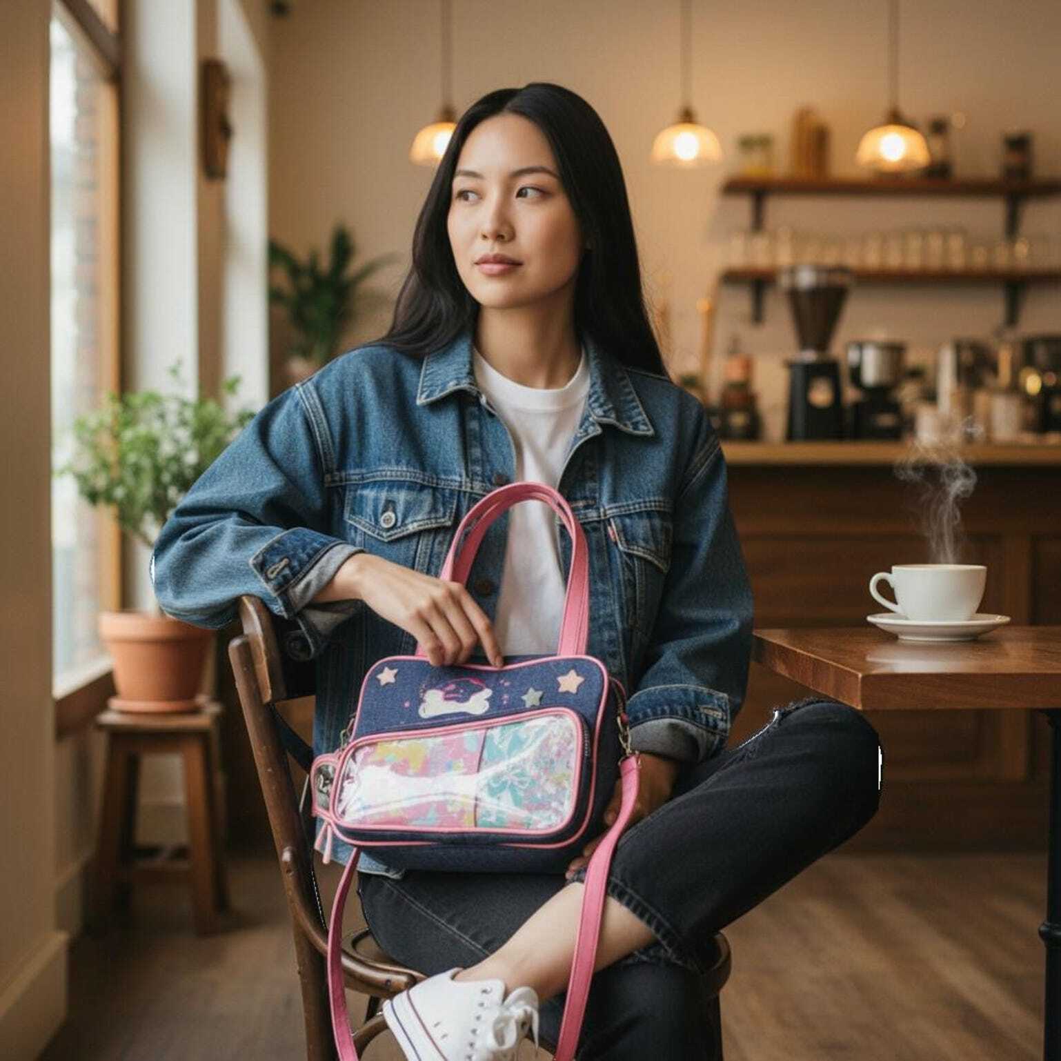 Pink Kawaii Convertible Ita Bag with Clear Window for Pin Display Pink Kawaii Convertible Ita Bag with Clear Window for Pin Display