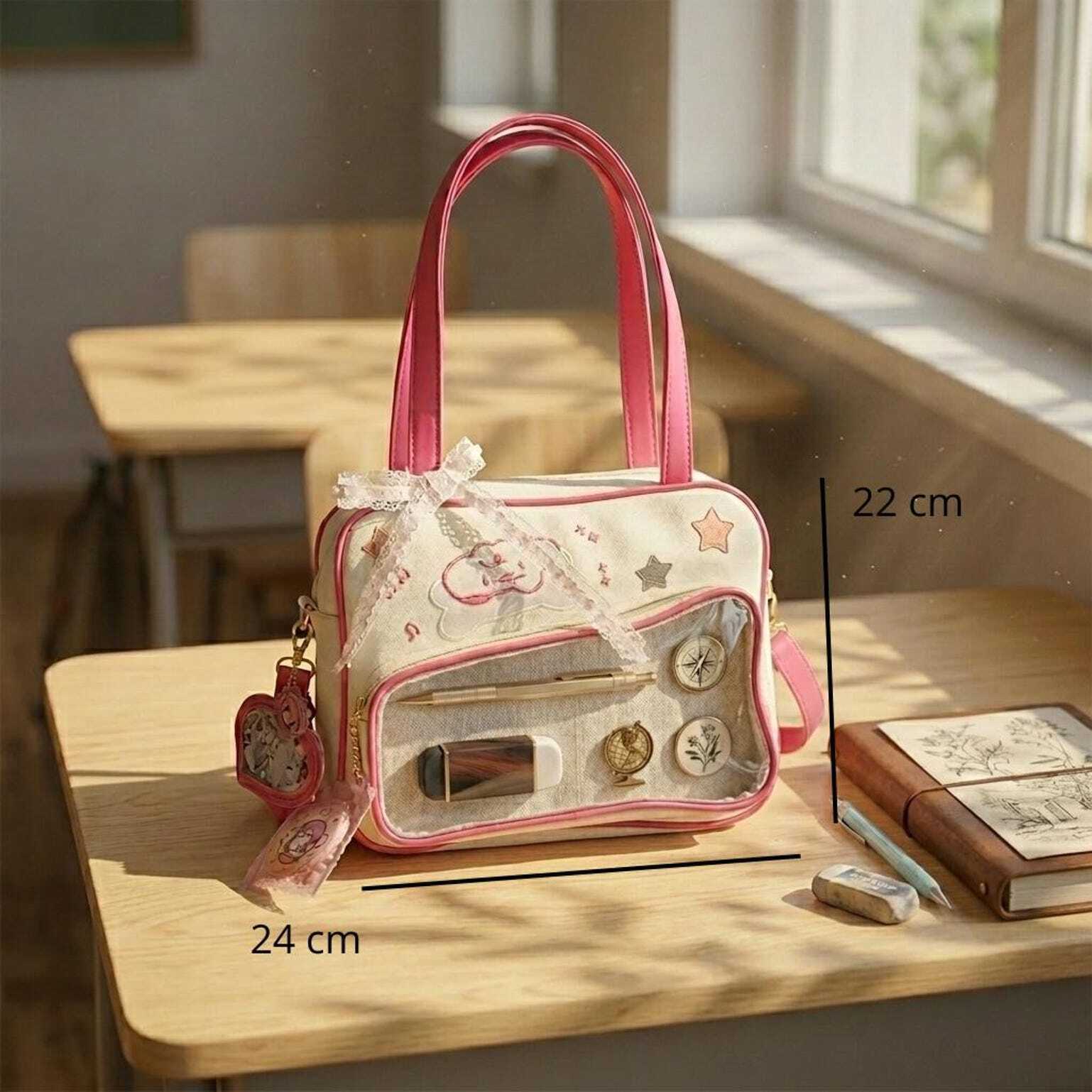 Pink Kawaii Convertible Ita Bag with Clear Window for Pin Display Pink Kawaii Convertible Ita Bag with Clear Window for Pin Display