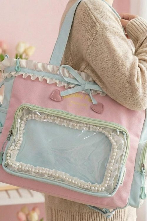 Pink Kawaii Convertible Ita Bag with Clear Window for Pin Display