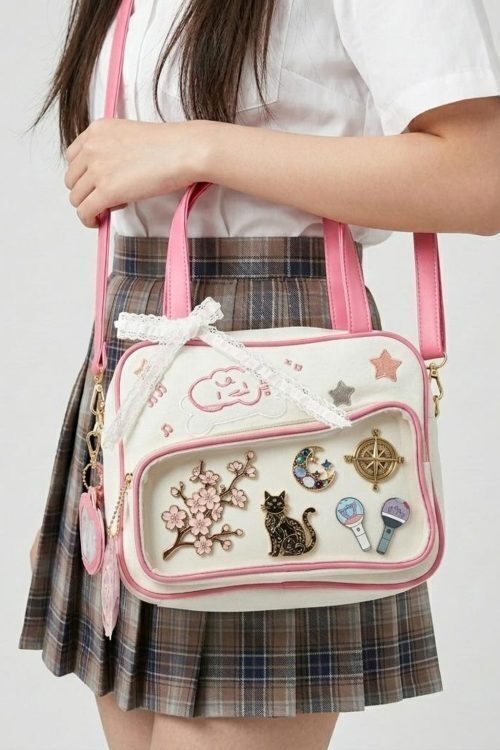 Pink Kawaii Convertible Ita Bag with Clear Window for Pin Display