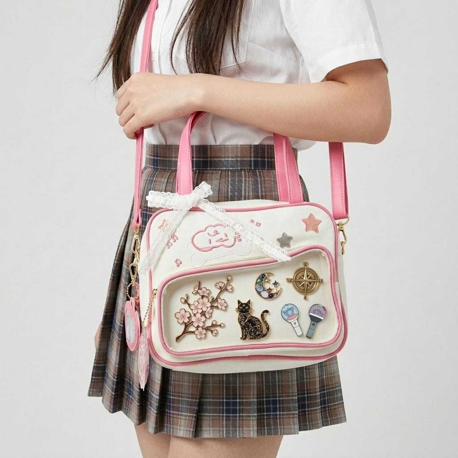 Pink Kawaii Convertible Ita Bag with Clear Window for Pin Display Pink Kawaii Convertible Ita Bag with Clear Window for Pin Display
