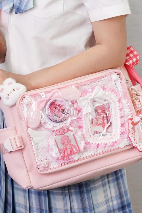Pink Kawaii Convertible Ita Bag with Clear Window for Plushies and Pins